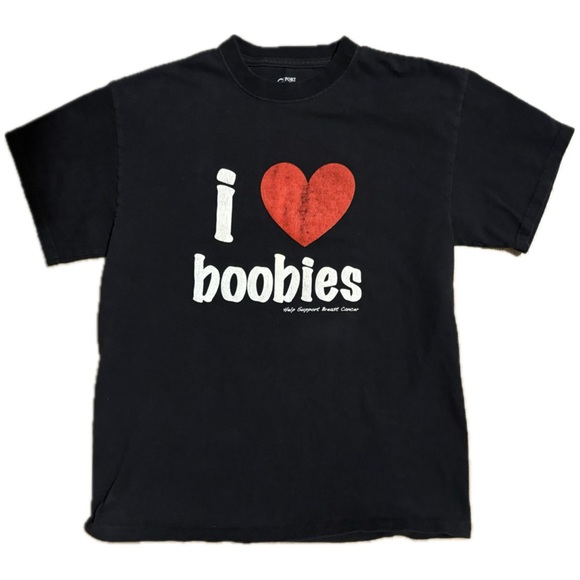 I Love Boobies Breast Cancer Support Black Short Sleeve Tee Shirt Size M - Picture 2 of 3
